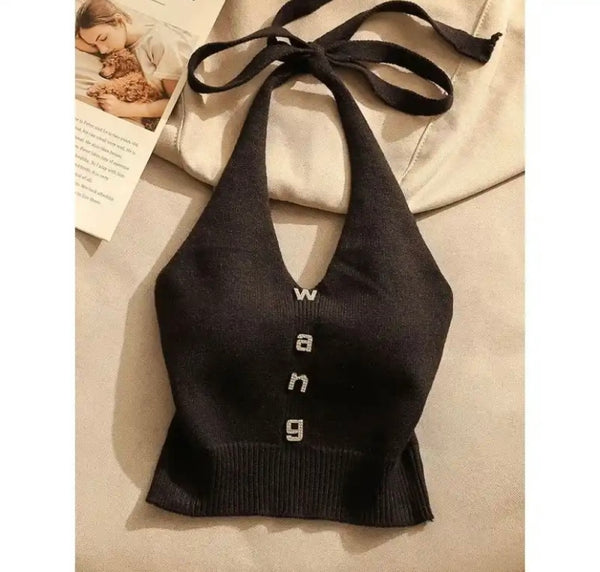 Women Fashion Sleeveless Halter Bling Letter Print Crop Top