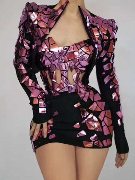 Women Sexy Metallic Color Patchwork Strapless Dress Jacket Set