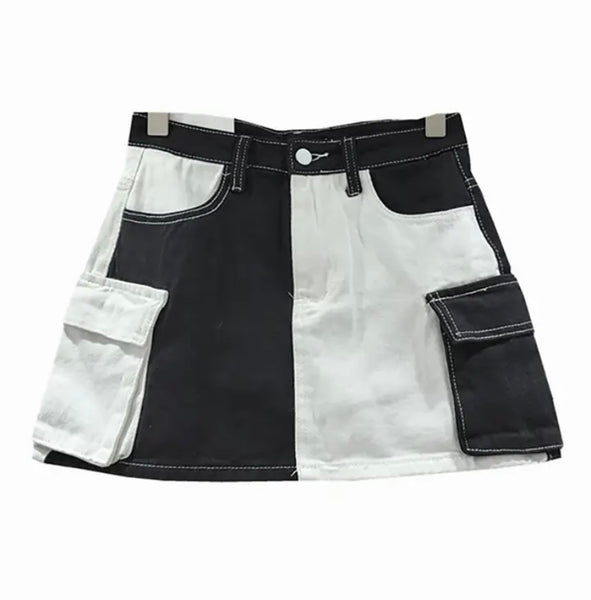 Women Fashion Color Patchwork Pocket Denim Skirt
