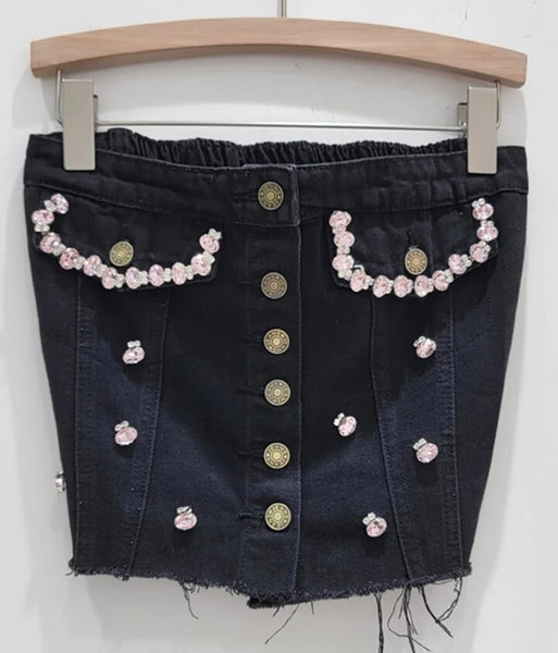 Women Fashion Button Up Strapless Pink Rhinestone Denim Crop Top