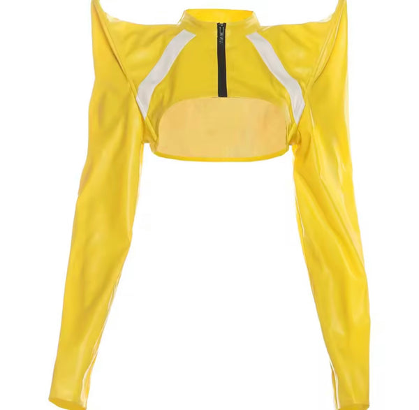 Women Yellow Fashion Faux Leather Zip Up Crop Jacket