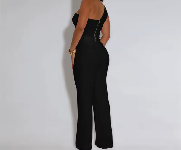 Women One Shoulder Sleeveless Solid Color Two Piece Pant Set