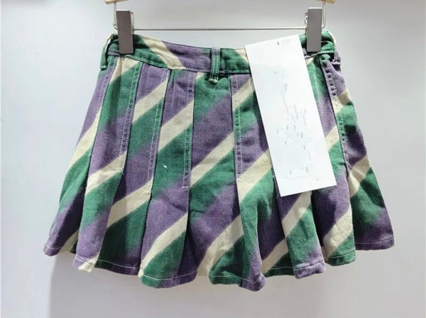 Women Fashion Multicolored Pleated Denim Skirt