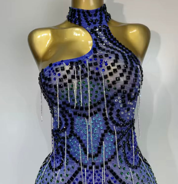Women Sexy Blue Rhinestone Halter Sleeveless Mesh Dress