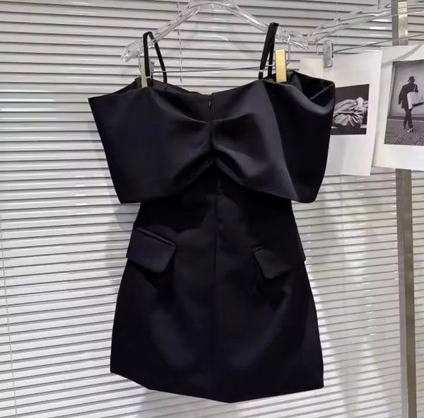 Women Black Bow Off The Shoulder Button Up Pocket Dress