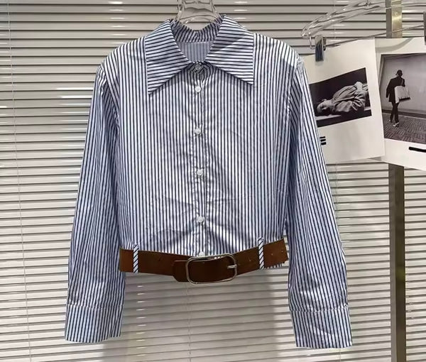 Women Blue Striped Collar Full Sleeve Two Piece Wide Leg Pant Set