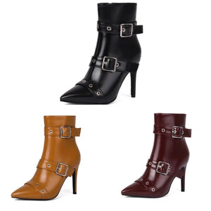 Women Fashion Pointed Toe Buckled Faux Leather Ankle Boots