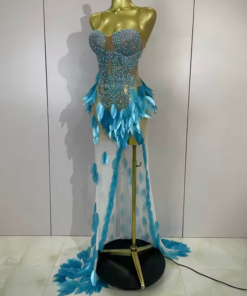 Women Sexy Strapless Beaded Sequins Side Split Maxi Dress