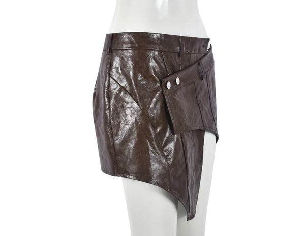 Women Sexy Fashion Brown Faux Leather Button Short Skirt