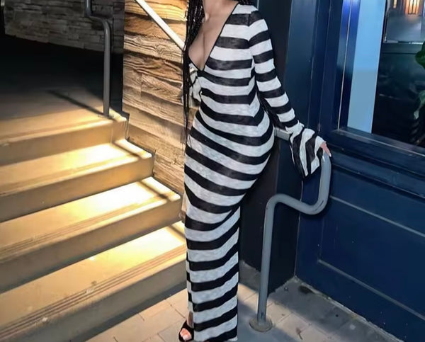 Women Sexy B&W Ribbed Full Sleeve See Through Maxi Dress