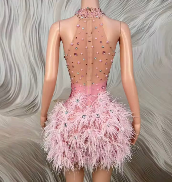 Women Sexy Pink Sleeveless Rhinestone Feather Dress