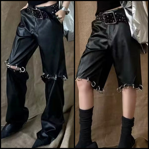 Women Fashion Black Metal Detachable Faux Leather Pants