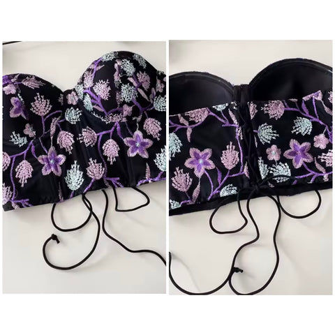 Women Sexy Black Floral Strapless Corset Top