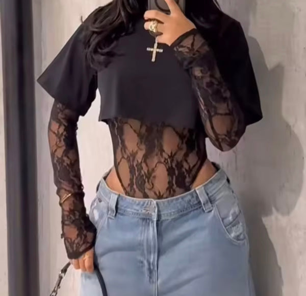 Women Fashion Lace Patchwork Full Sleeve Bodysuit Top