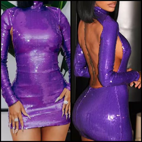 Women Sexy Purple Sequins Full Sleeve Open Back Dress