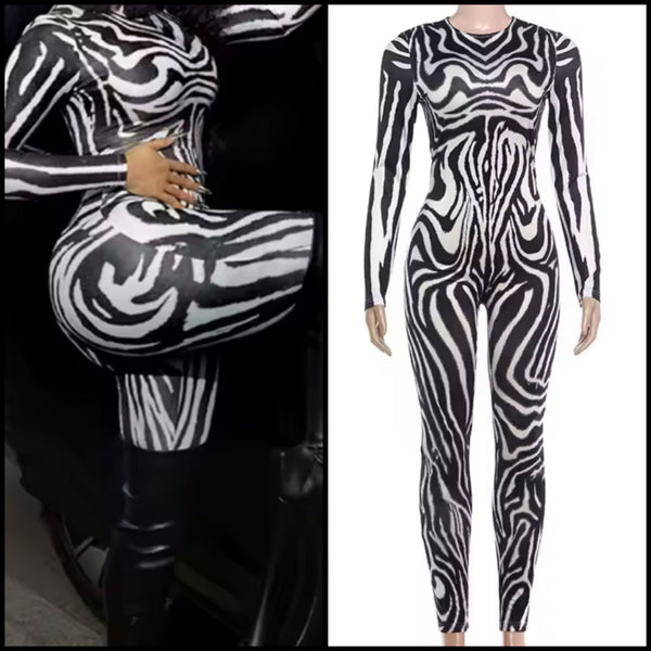 Women B&W Printed Fashion Full Sleeve Jumpsuit