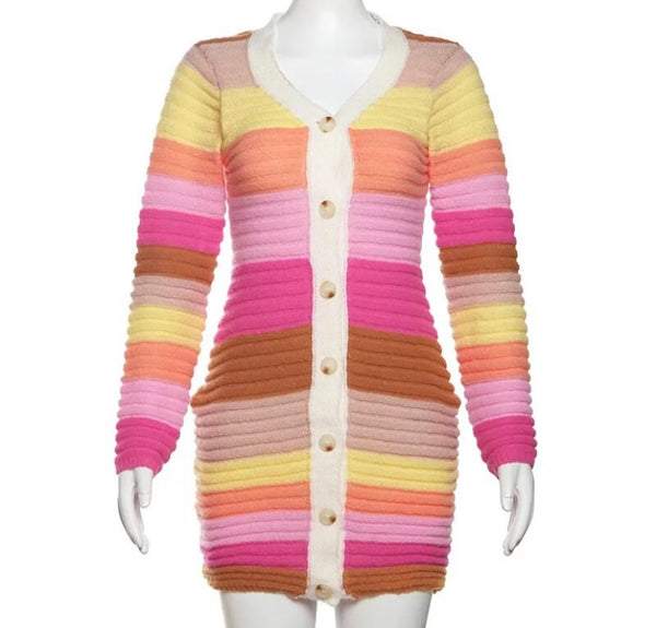 Women Sexy Fashion Colorful Striped Button Up Full Sleeve Dress