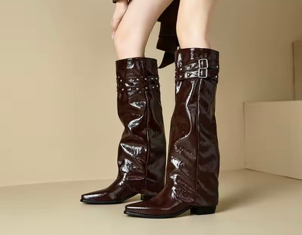 Women Fashion Patent Leather Buckled Detachable Knee High Boots