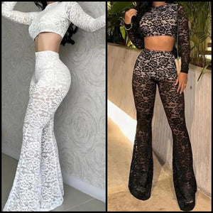 Women Sexy Lace Full Sleeve Crop Two Piece Pant Set