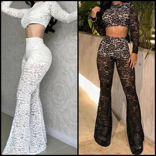 Women Sexy Lace Full Sleeve Crop Two Piece Pant Set