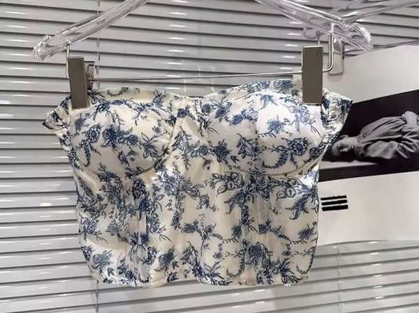 Women White Strapless Blue Floral Two Piece Maxi Skirt Set