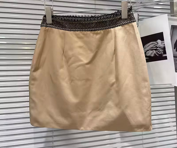 Women Fashion Khaki Buckle Full Sleeve Two Piece Skirt Set