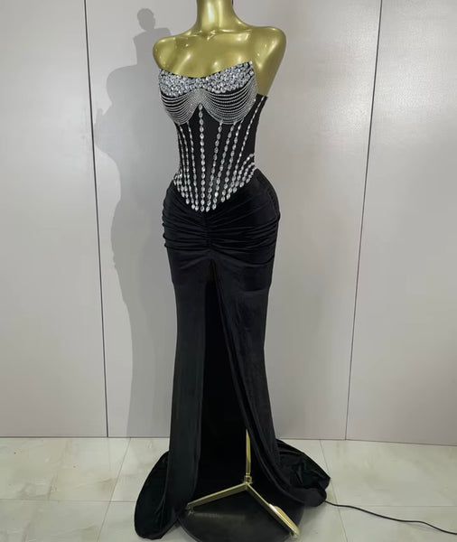 Women Sexy Strapless Glove Rhinestone Velour Maxi Dress