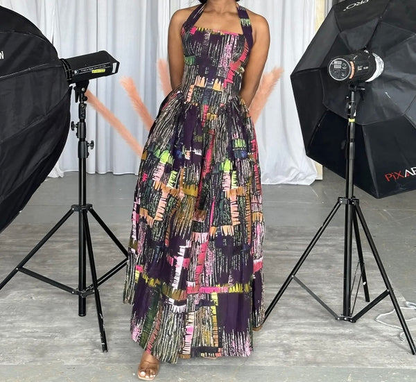 Women Sexy Multicolored Print Halter Sleeveless Maxi Dress