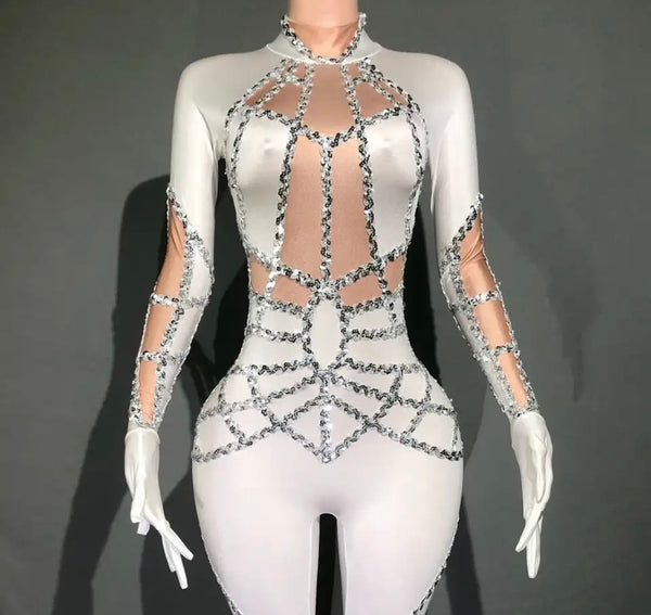 Women White Sexy Bling Patchwork Full Sleeve Glove Jumpsuit