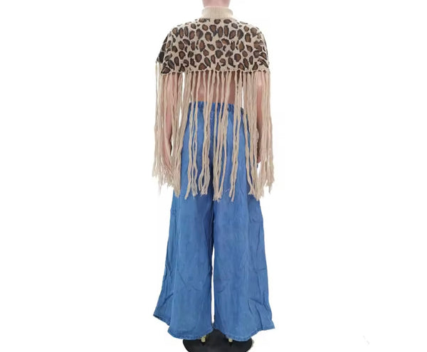 Women Fashion Leopard Print Turtleneck Tassel Top