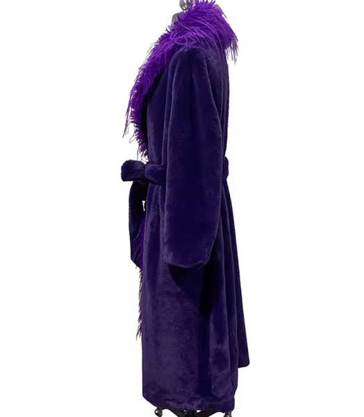 Women Purple Faux Fur Fashion Trench Warm Coat