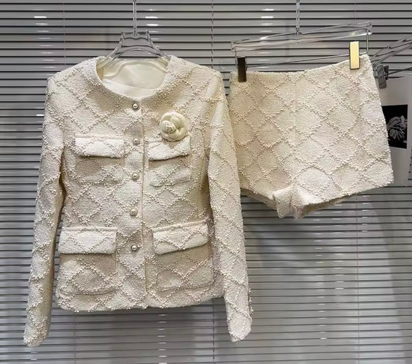 Women Tweed Floral Pin Full Sleeve Blazer Two Piece Short Set