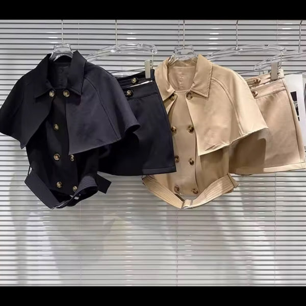 Women Fashion Button Double Breasted Cape Two Piece Skirt Set