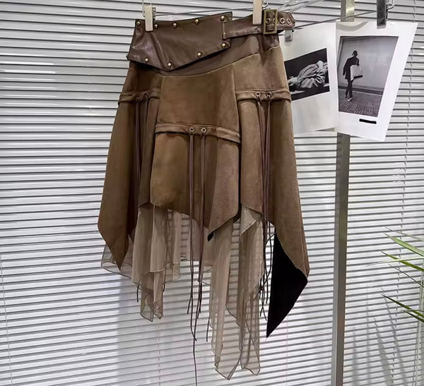 Women Faux Leather Patchwork Suede Fashion Skirt