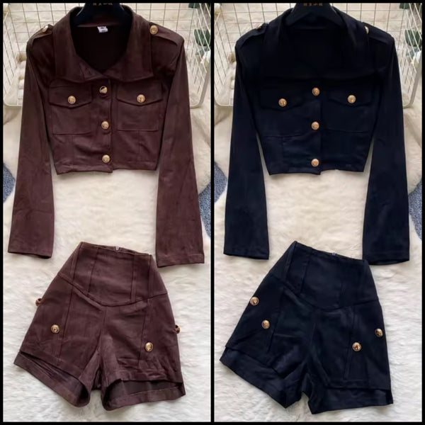 Women Fashion Suede Button Up Full Sleeve Two Piece Short Set
