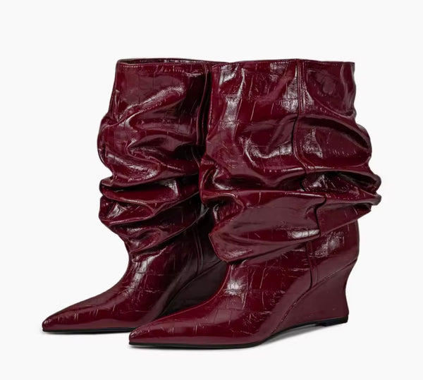 Women Pointed Toe Ruched Fashion Faux Leather Platform Ankle Boots