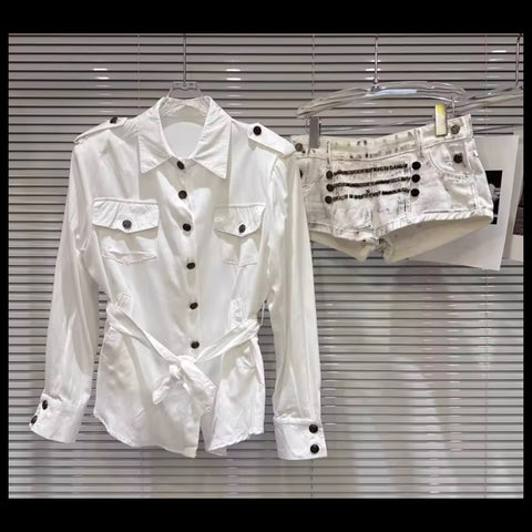 Women Button Up Full Sleeve Two Piece Fashion Chain Denim Short Set