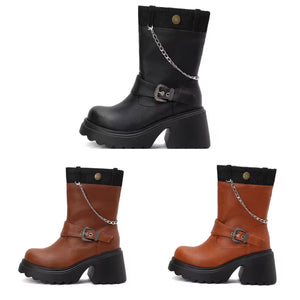 Women Fashion Buckled Chain Ankle Boots