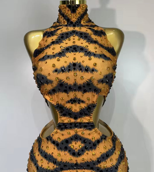 Women Sexy Orange Printed Rhinestone Sleeveless Jumpsuit