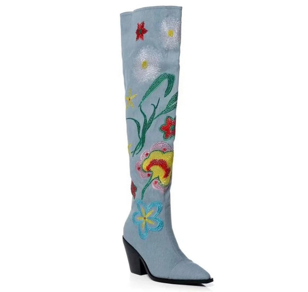 Women Fashion Printed Knee High Western Denim Boots
