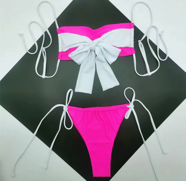 Women Sexy Tie Up Bow Color Patchwork Bikini