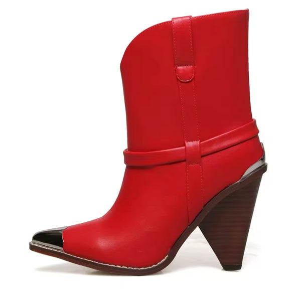 Women Fashion Metal Pointed Toe Ankle Western Boots