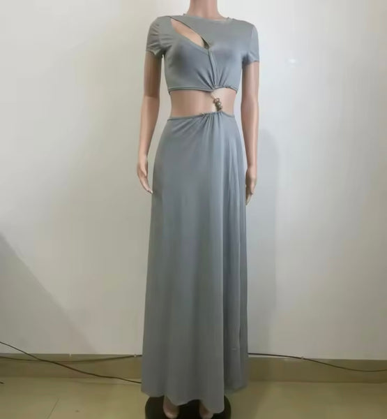 Women Sexy Gray Short Sleeve Cut Out Maxi Dress