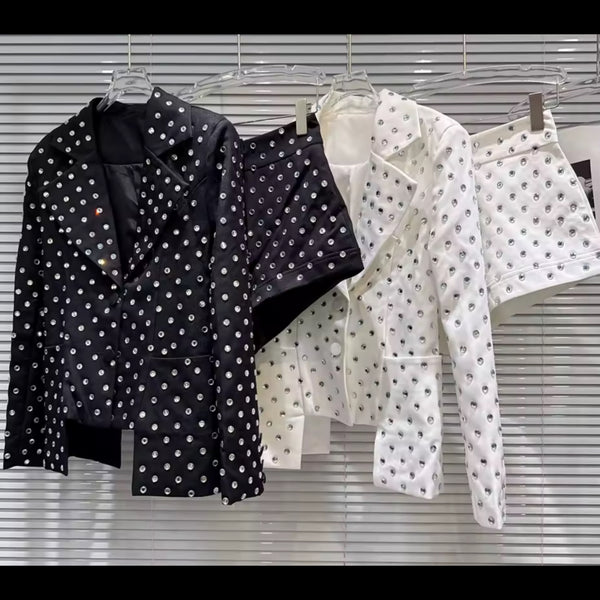 Women Fashion Rhinestone Blazer Two Piece Short Set