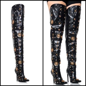 Women Pointed Toe Fashion Faux Leather Rivet Thigh High Boots