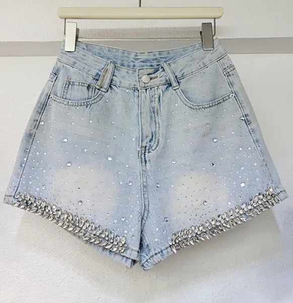 Women Fashion Bling Rhinestone Denim Shorts