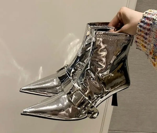 Women Fashion Pointed Toe Buckled Patent Leather Ankle Boots
