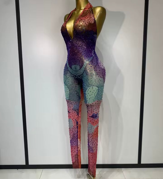 Women Multicolored Rhinestone Halter Sleeveless Mesh Jumpsuit