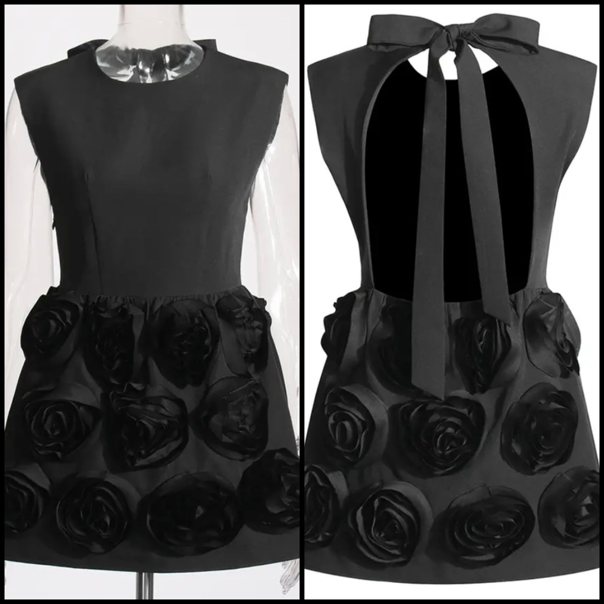 Women Black Sexy Sleeveless 3D Floral Open Back Dress