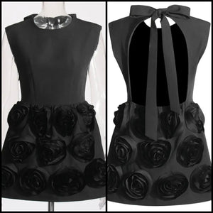 Women Black Sexy Sleeveless 3D Floral Open Back Dress